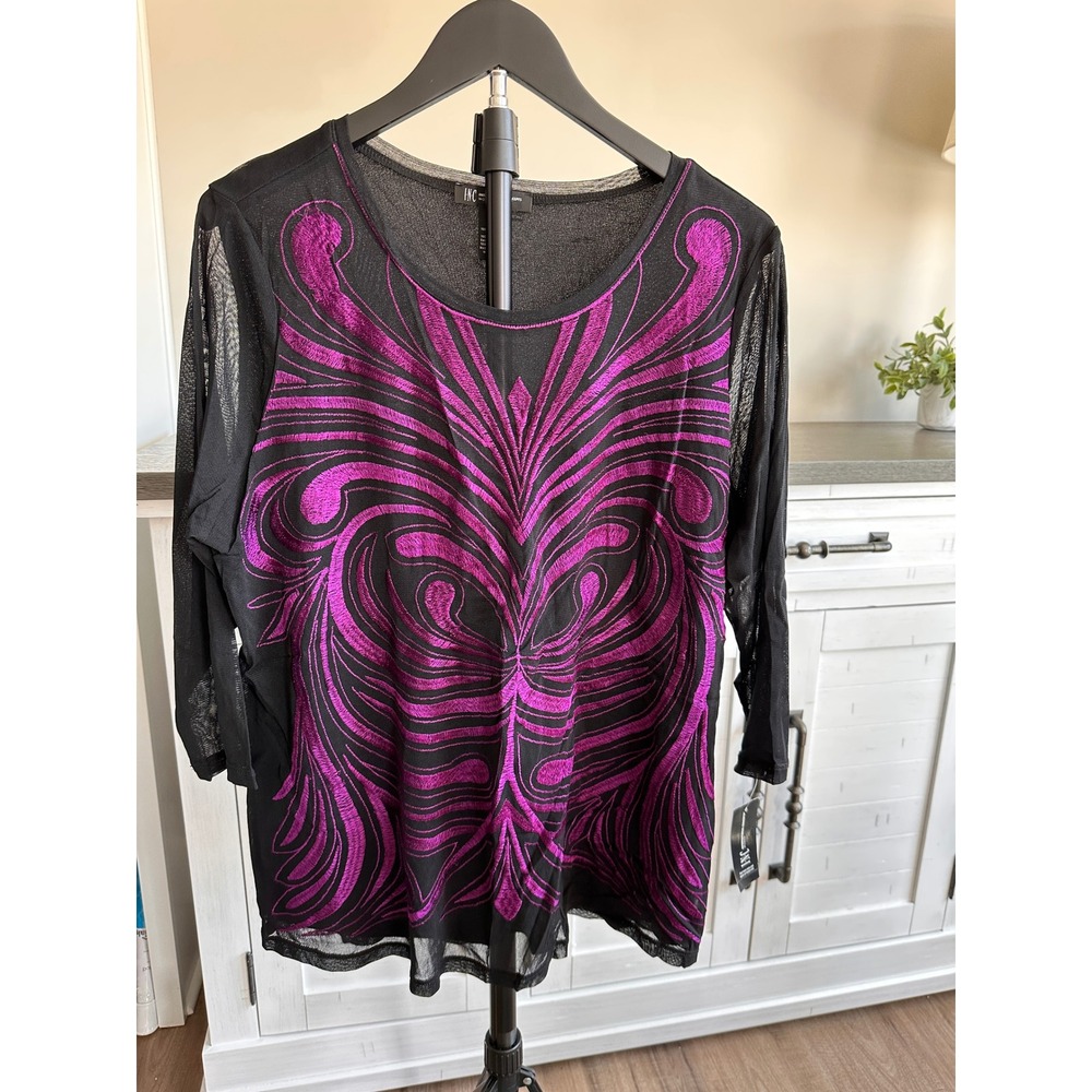 NEW INC International Concepts Woman Purple‎ Paradise Mesh Embroidered Top 0X